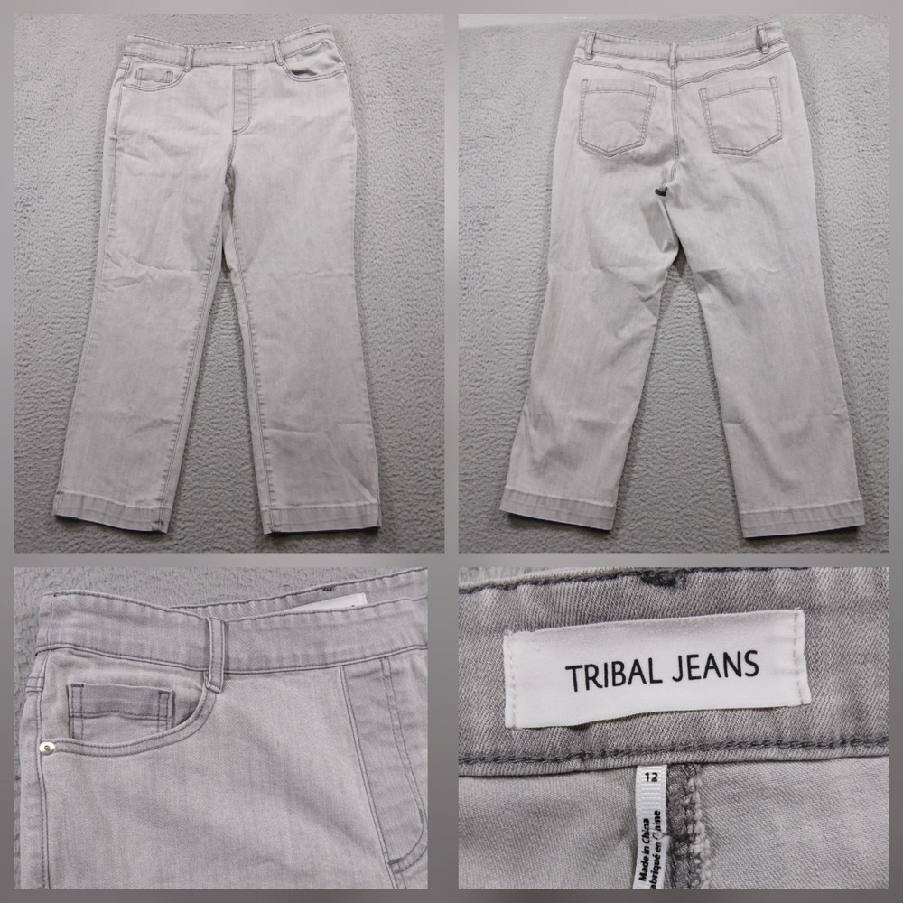 Tribal‎ Jeans Pull On Straight Leg Jeans Women 12 Light Grey Stretch Denim EUC